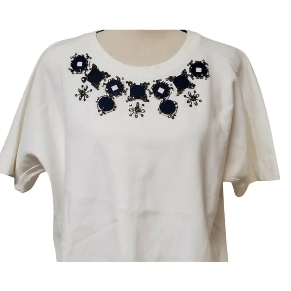 J.Crew Jewel Embellished Beading Short Sleeve Crewneck Blouse Top XSS White Blue